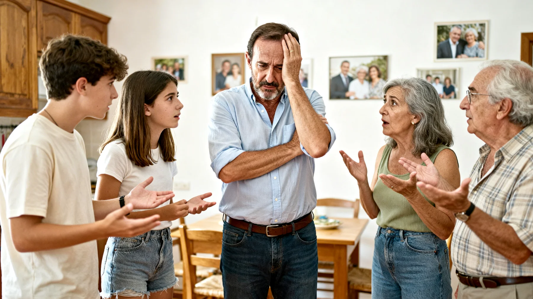 Un papà si trova in difficoltà nel gestire i conflitti con la famiglia allargata riguardo alle scelte educative e di vita dei suoi figli giovani adulti, che si sentono tirati tra le aspettative paterne e quelle di nonni, zii o altri parenti che esprimono giudizi contrastanti."